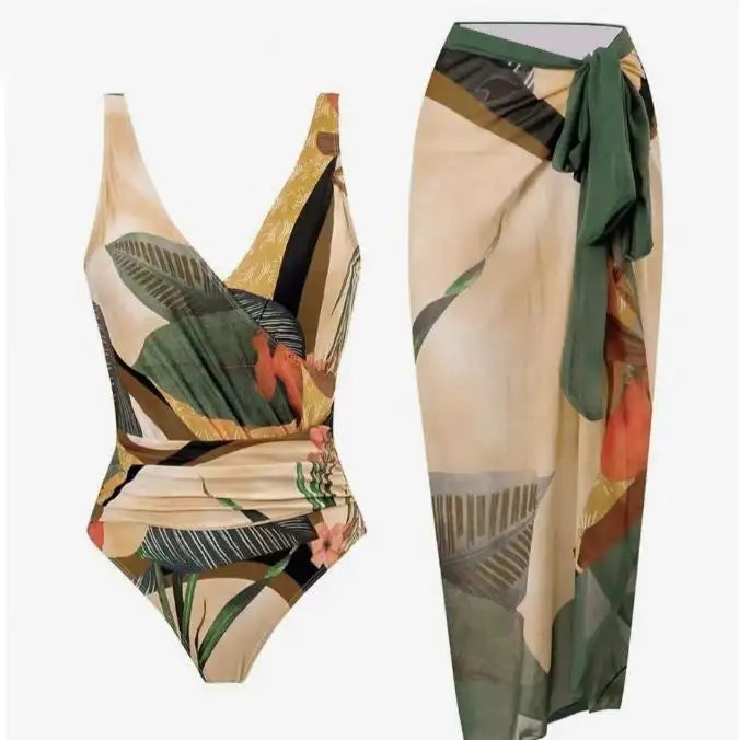 Women's Beach Beach Two Piece Plant Printed V-neck Top Strap Skirt Set - SJB-DIAMOND ELITES