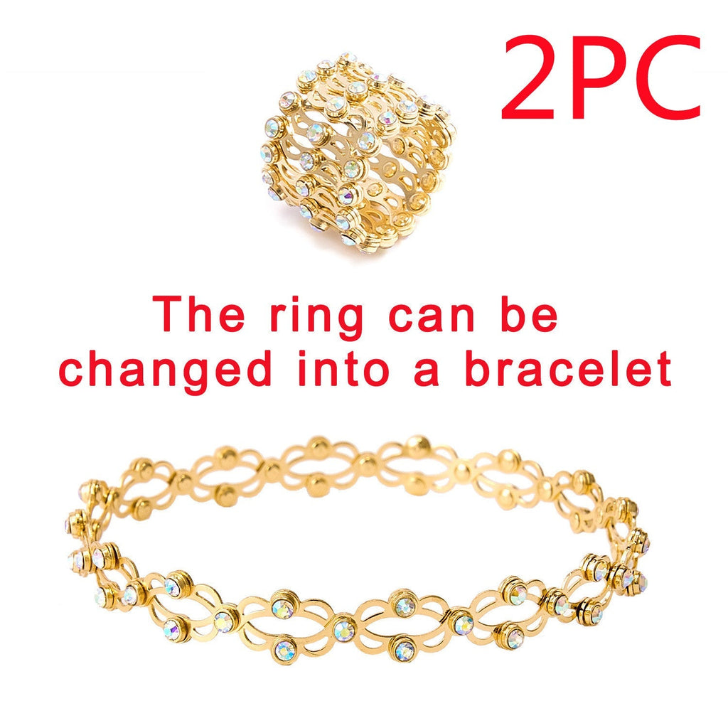 2 In 1 Folding Retractable Rings Bracelet Magic Rhinestone Rings Deformable Bracelet Women Ins Style Adjustable Fashion Jewelry Pi-Mart
