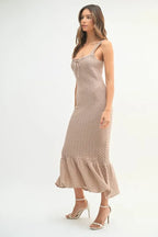 Ruffled Hem Sleeveless Crochet Knit Midi Dress For Women – Crochet Knit Dress, Ruffled Hem Dress, Sleeveless Midi Dress, Summer Dress, Elegant Knit Dress
