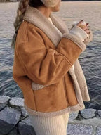 Fuzzy Collared Neck Long Sleeve Jacket with Buttoned Closure and Cozy Pockets Stevvex