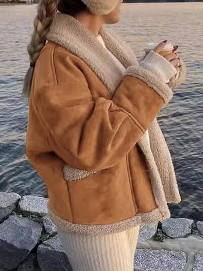 Fuzzy Collared Neck Long Sleeve Jacket with Buttoned Closure and Cozy Pockets Stevvex