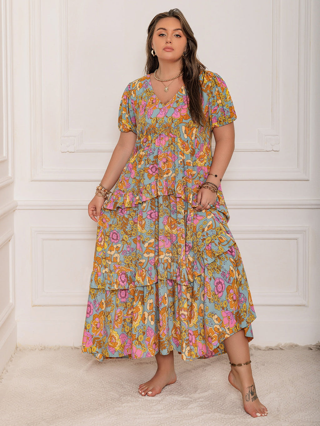 Plus Size Printed V-Neck Short Sleeve Maxi Dress Elegant & Flowy Summer Dress For Girls Stevvex