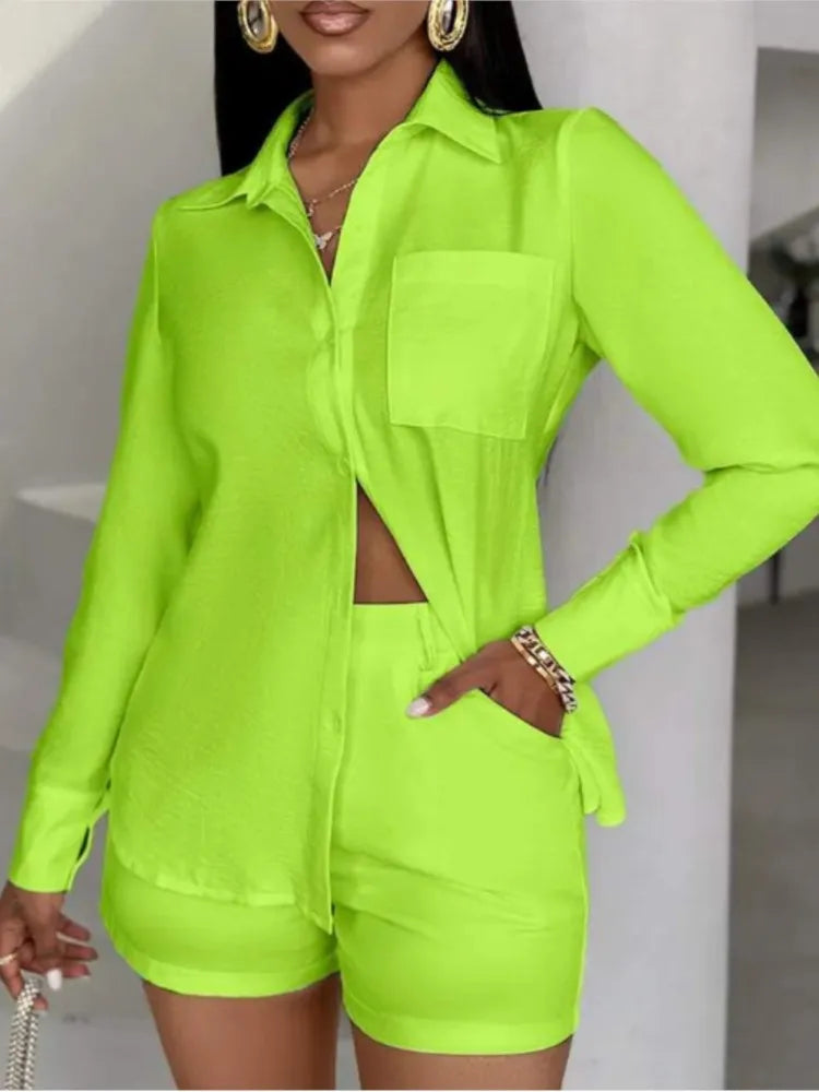 Fashion Two Piece Outfits Women's Turn-down Collar Pocket Design Button Shirt Top & Shorts Set New Summer Women Solid 2pcs Sets Purplish Diva