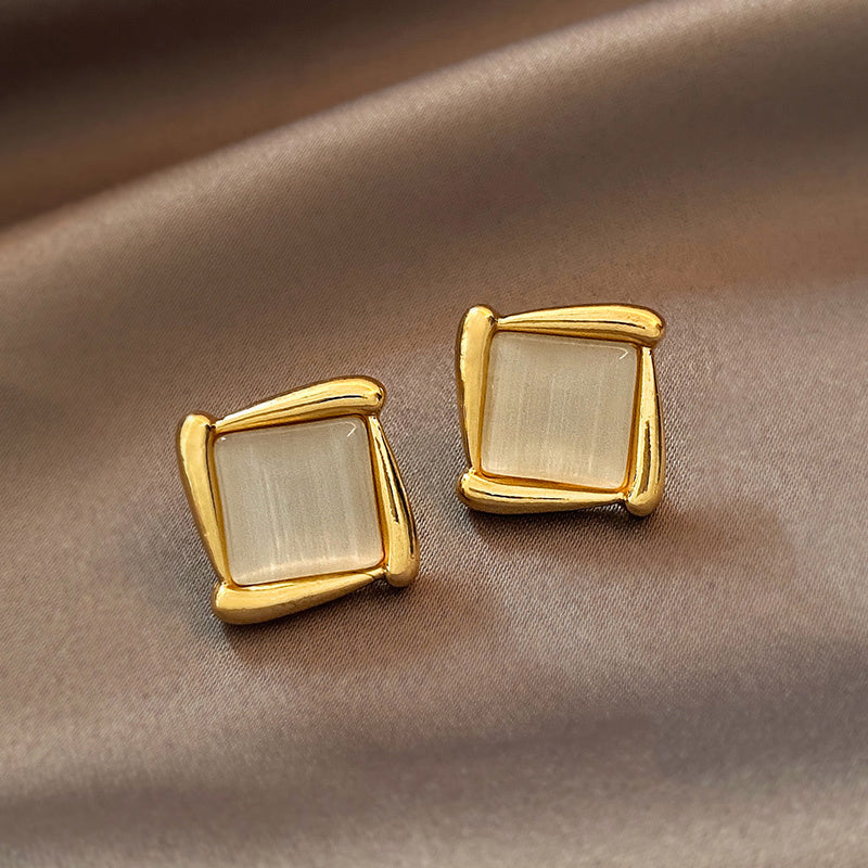 Cat's Eye Flower Earrings High Sense Opal Square Triangle Geometry Earrings Pi-Mart