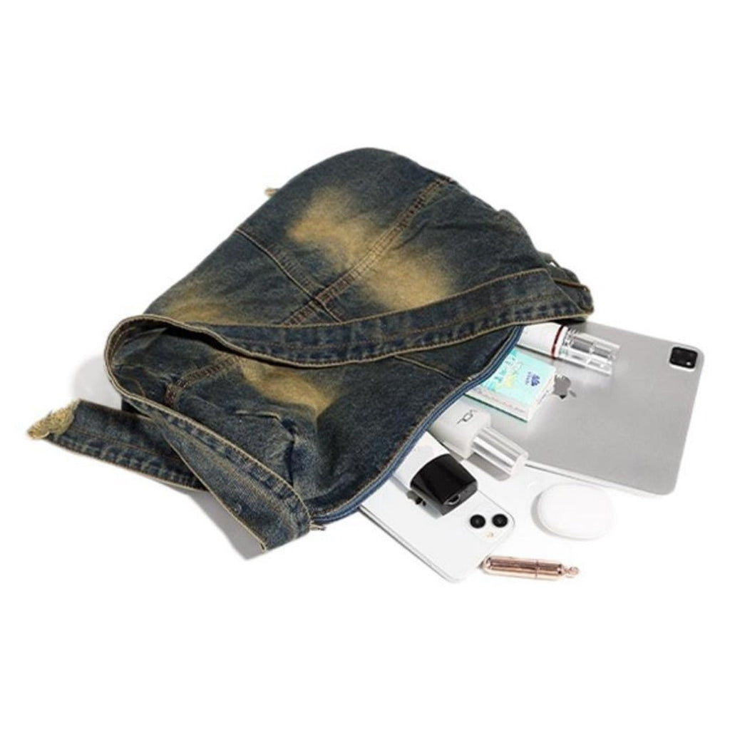 Washed old denim hobo bag, large capacity hobo shoulder bag, sweet cool babes underarm Retro denim shoulder bag - SJB-DIAMOND ELITES