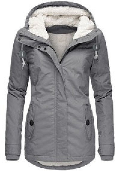 Winter Hooded Jacket Solid Color Warm Buckle Zip-up Fleece Jacket With Pockets Women's Casual Jacket Pi-Mart