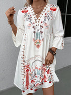 Exquisite Summer Feminine Lace Detail Printed Dress Chic Midi Lightweight Dress Stevvex