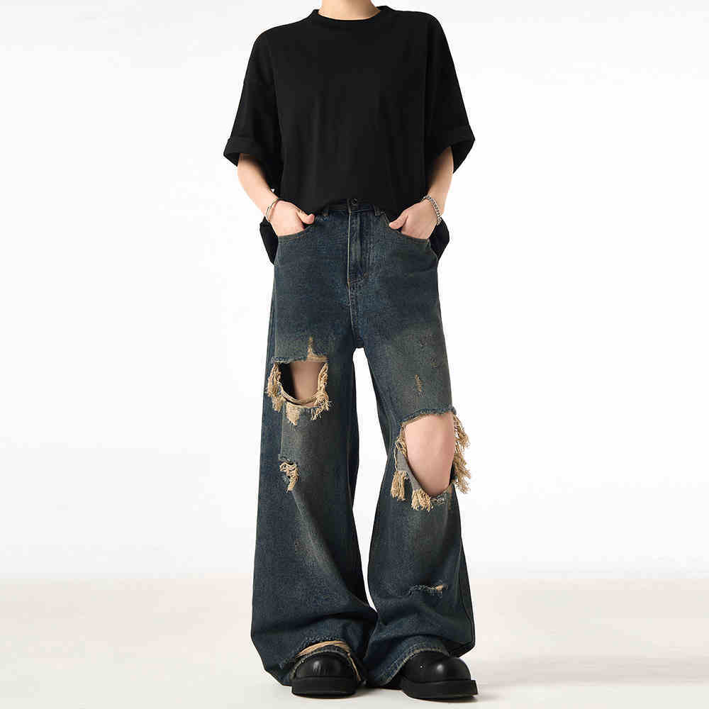 Couple Hole Worn Jeans Wide-leg Pants Lootquake LLC