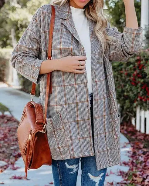 Ladies' Plaid Printed Open Collar Casual Suit Jacket - SJB-DIAMOND ELITES