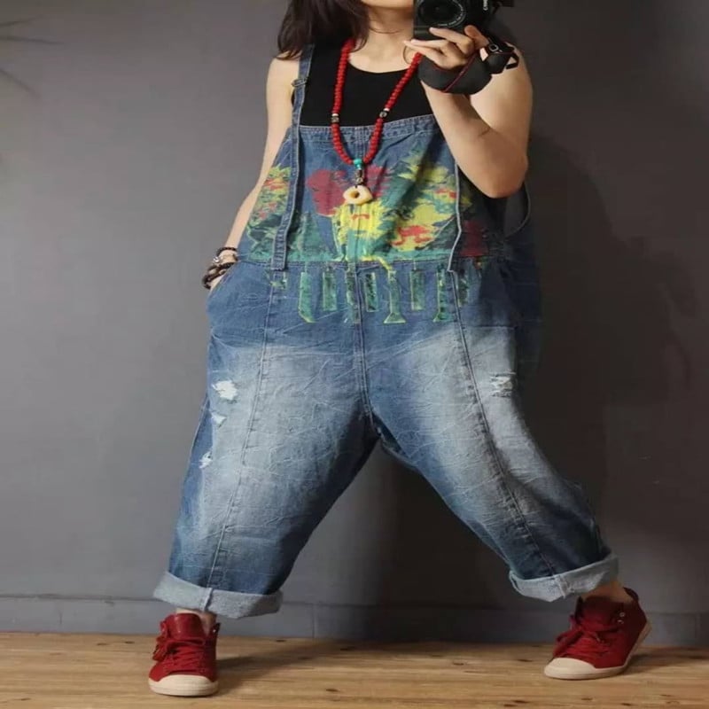 Retro Print Denim Overalls for Women - Spring/Summer