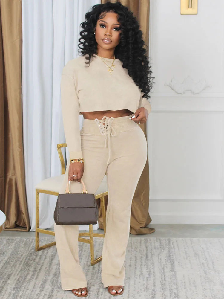 Solid Casual Two Piece Set for Women Sweatsuit Sporty Fitness Long Sleeve Top and Lace-up Wide Leg Pants Joggers Tracksuit Fall Purplish Diva