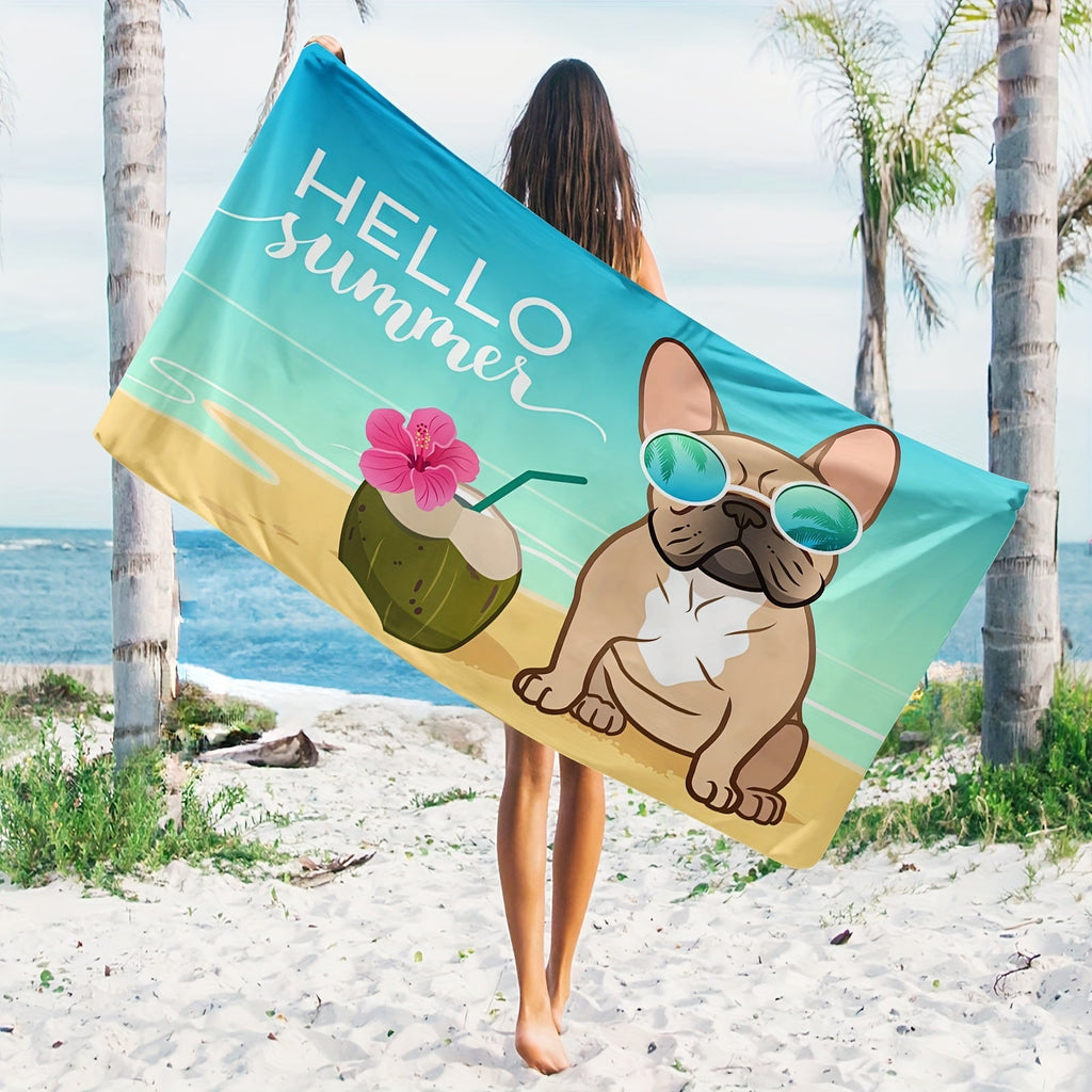 1pc Adorable Bulldog Pattern Beach Towel - Ultra-Soft, XLarge & Quick-Dry Blanket for Summer Fun - Perfect for Pool, Camping, Travel & Beach Adventures - A Must-Have Beach Accessory