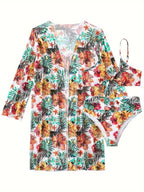 New Tropical Bloom 3-Piece Swimsuit Set – High Waist Floral Fluttering Bikini with Crew Neck Top Spaghetti Straps and Matching Long Sleeve Cover-Up – Stylish Stretchy Women’s Swimwear for Beach & Summer Escapes
