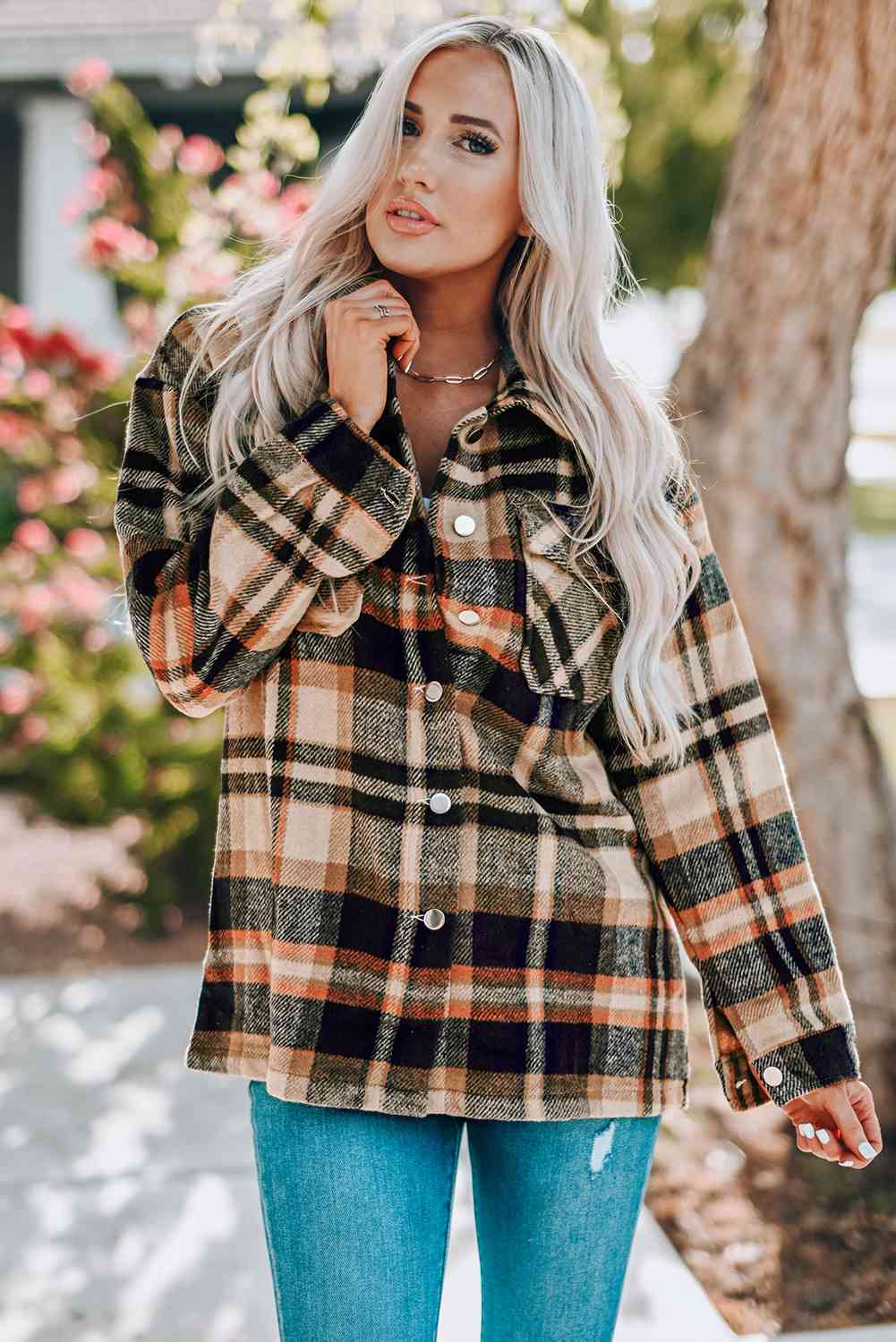 Classic Plaid Button Front Shirt Jacket with Breast Pockets Casual & Minimalist Outerwear Stevvex