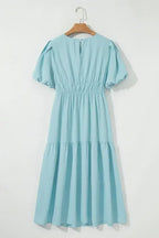 Light Blue Puff Sleeve High Waist Flowy Midi Dress