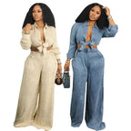 Streetwear Loose Fit Matching Set Outfits for Women Two Piece Set Club Party Lace-up Shirt Top and Wide Leg Pants Set Elegance Purplish Diva
