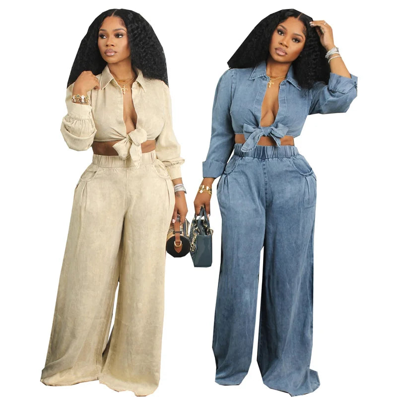 Streetwear Loose Fit Matching Set Outfits for Women Two Piece Set Club Party Lace-up Shirt Top and Wide Leg Pants Set Elegance Purplish Diva