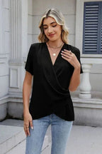Out of State - Solid Color Surplice Short Sleeve Blouse