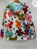 Floral Print Textured Drawstring Hoodie THRIXINE