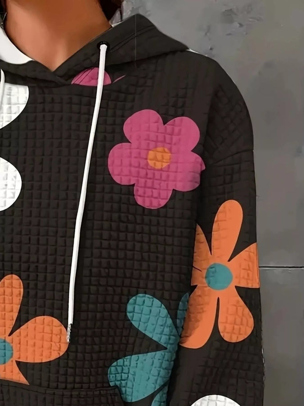 Floral Print Textured Drawstring Hoodie THRIXINE