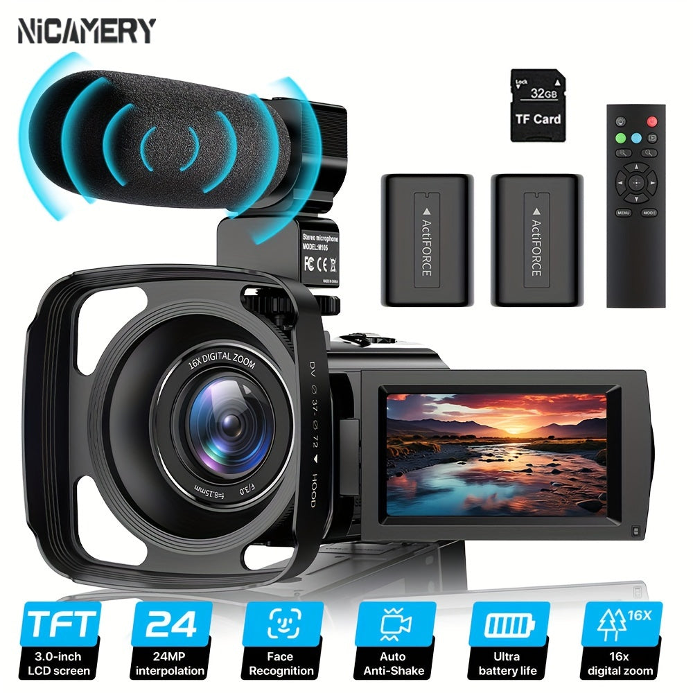 Nicamery 16x Efficient Zoom - 1080P HD Camera with Beauty Anti-Shake, External Microphone Support - Full HD 2400 Pixel Webcam Digital Camera with Remote Control, Lens Hood, 1000mah Batteries 2pcs, Ultra Long Life, 32G TF Card Lootquake LLC