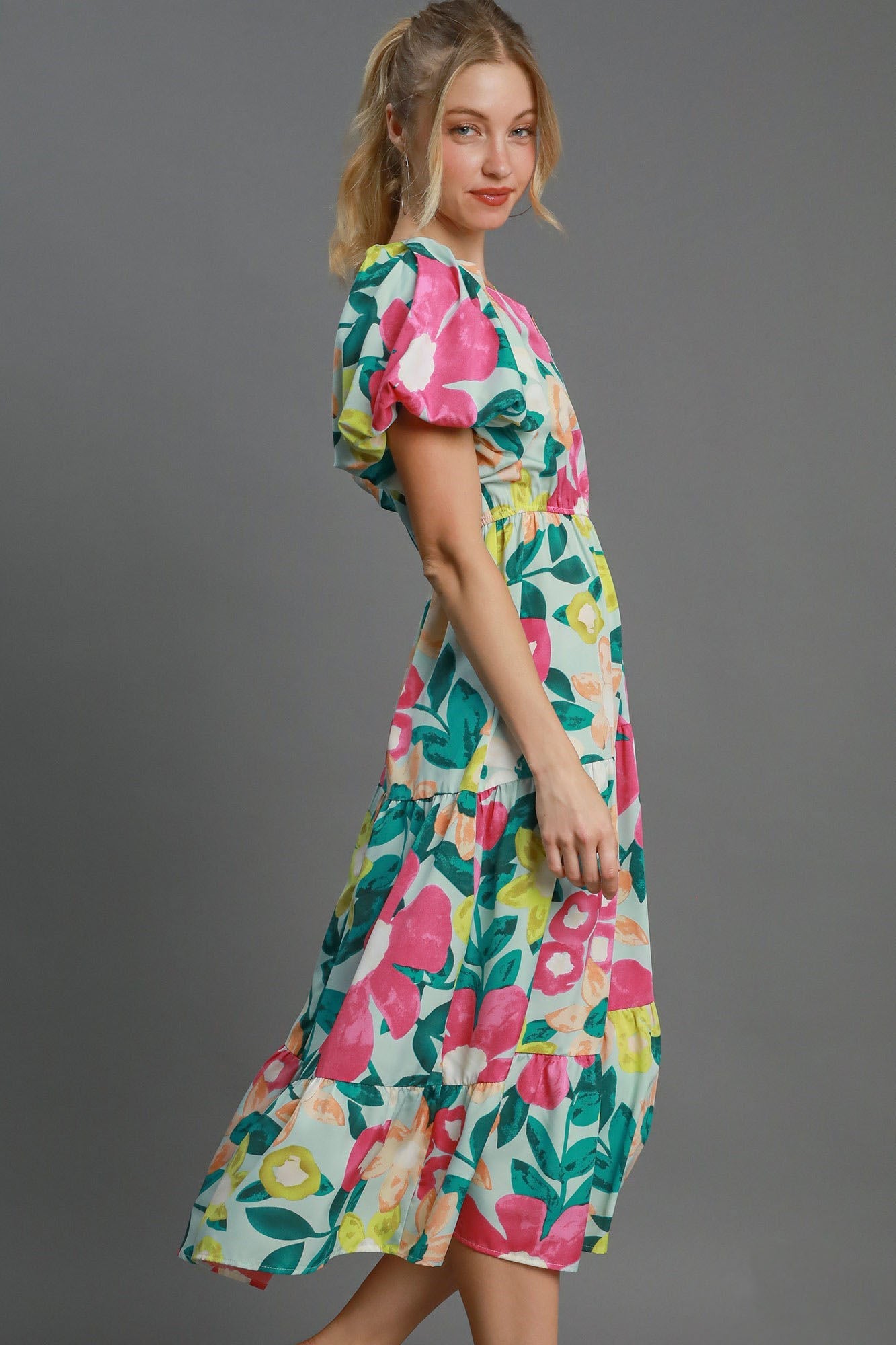 Colorful Full Size Floral Print Puff Sleeve Midi Dress Plus Size Elegant & Feminine Romantic Long Dress Stevvex