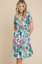 Ruched Floral V-Neck Short Sleeve Summer Dress – Flattering and Feminine Dress with a Chic V-Neckline and Ruched Detailing Stevvex