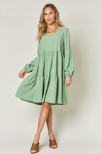 Light Green Double Take Full Size V-Neck Sleeve Tiered Dress with Pockets Elegant & Comfortable Casual Dress Stevvex