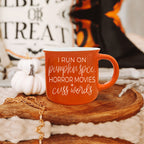 Pumpkin Horror Mug 14.5oz Orange Ceramic Campfire Dual-Sided White Text