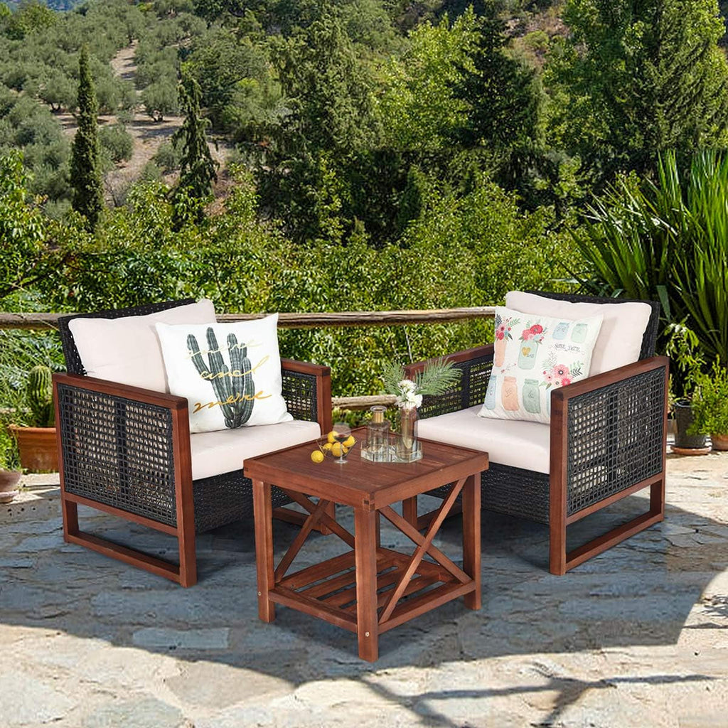 3 Pieces Outdoor Patio Furniture Set Wicker Chairs with Coffee Table, Balcony Porch Furniture Bistro Set with Wood Frame and Washable Cushions for Garden Poolside Backyard Lootquake LLC