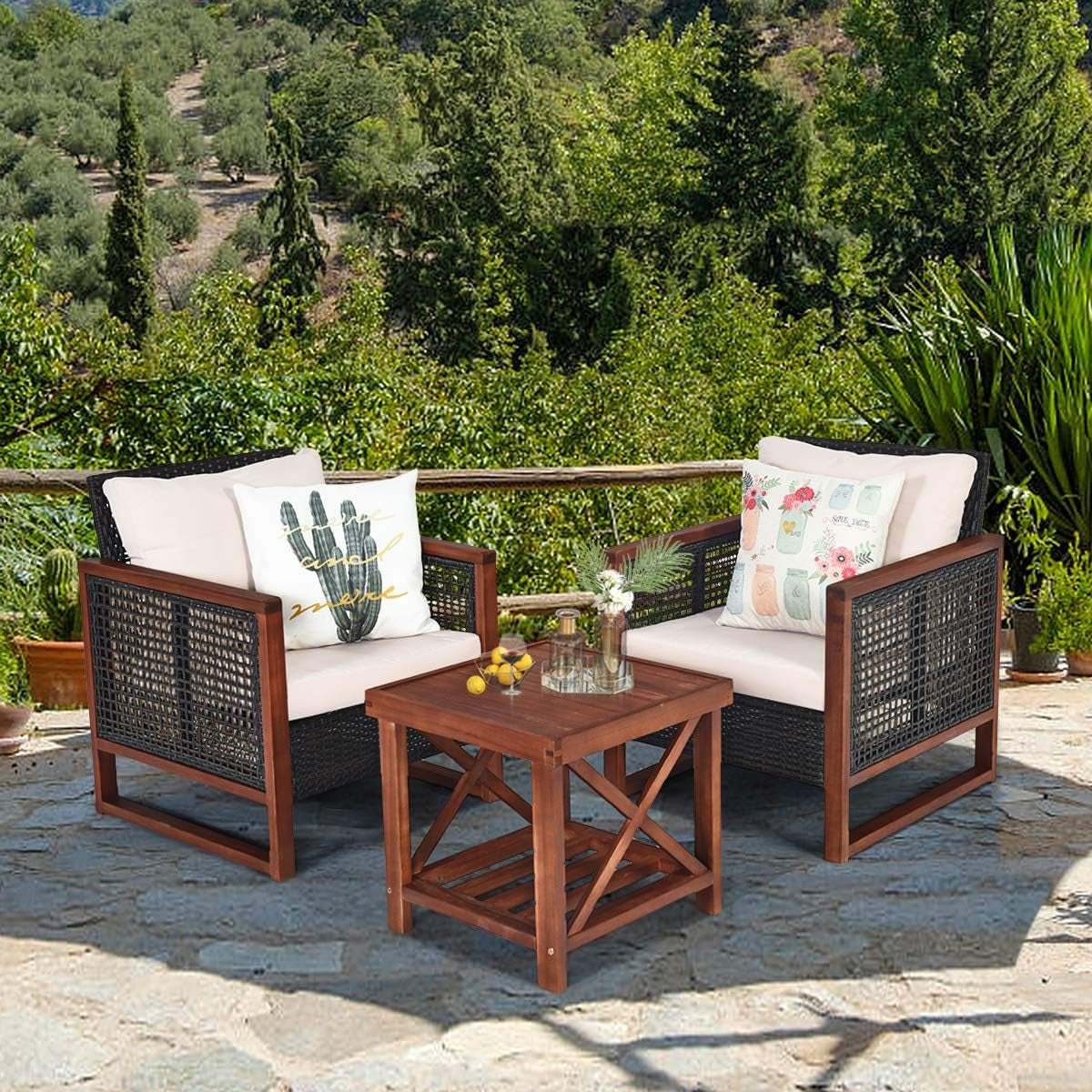 3 Pieces Outdoor Patio Furniture Set Wicker Chairs with Coffee Table, Balcony Porch Furniture Bistro Set with Wood Frame and Washable Cushions for Garden Poolside Backyard Lootquake LLC