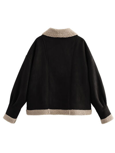 Fuzzy Collared Neck Long Sleeve Jacket with Buttoned Closure and Cozy Pockets Stevvex