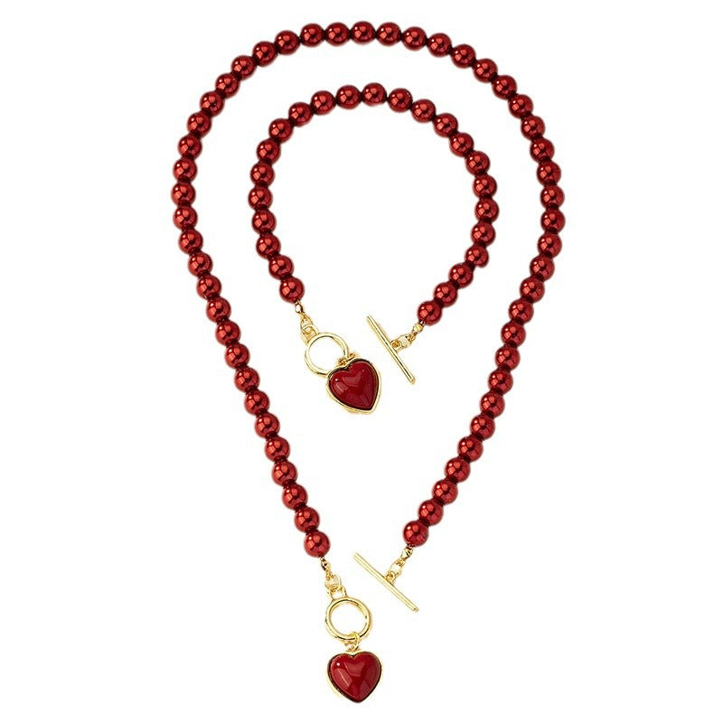Pearl Bracelet And Necklace Set Female With Hearts Clavicle Chain Pi-Mart