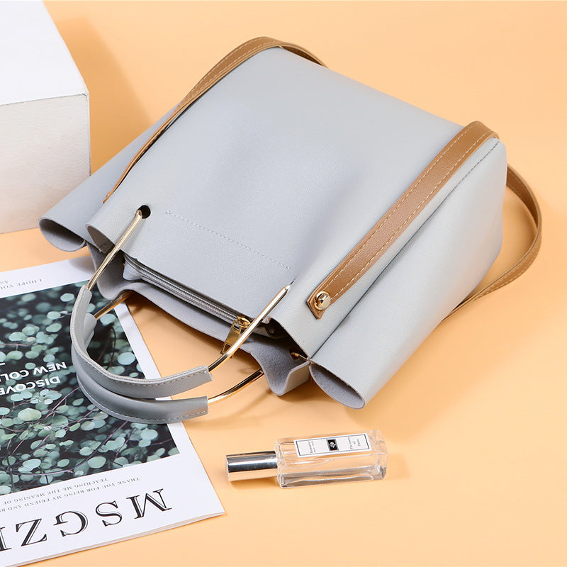 Bag Women Summer New Korean Pure Color Women's Handbag Metal Handle Leisure Shoulder Bag Women's Bag Pi-Mart