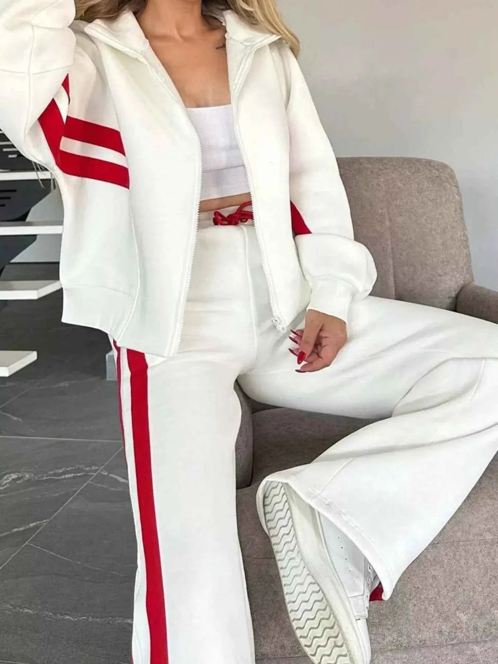 Plus Stripes Zip Set: Full-Size Comfort Duo THRIXINE