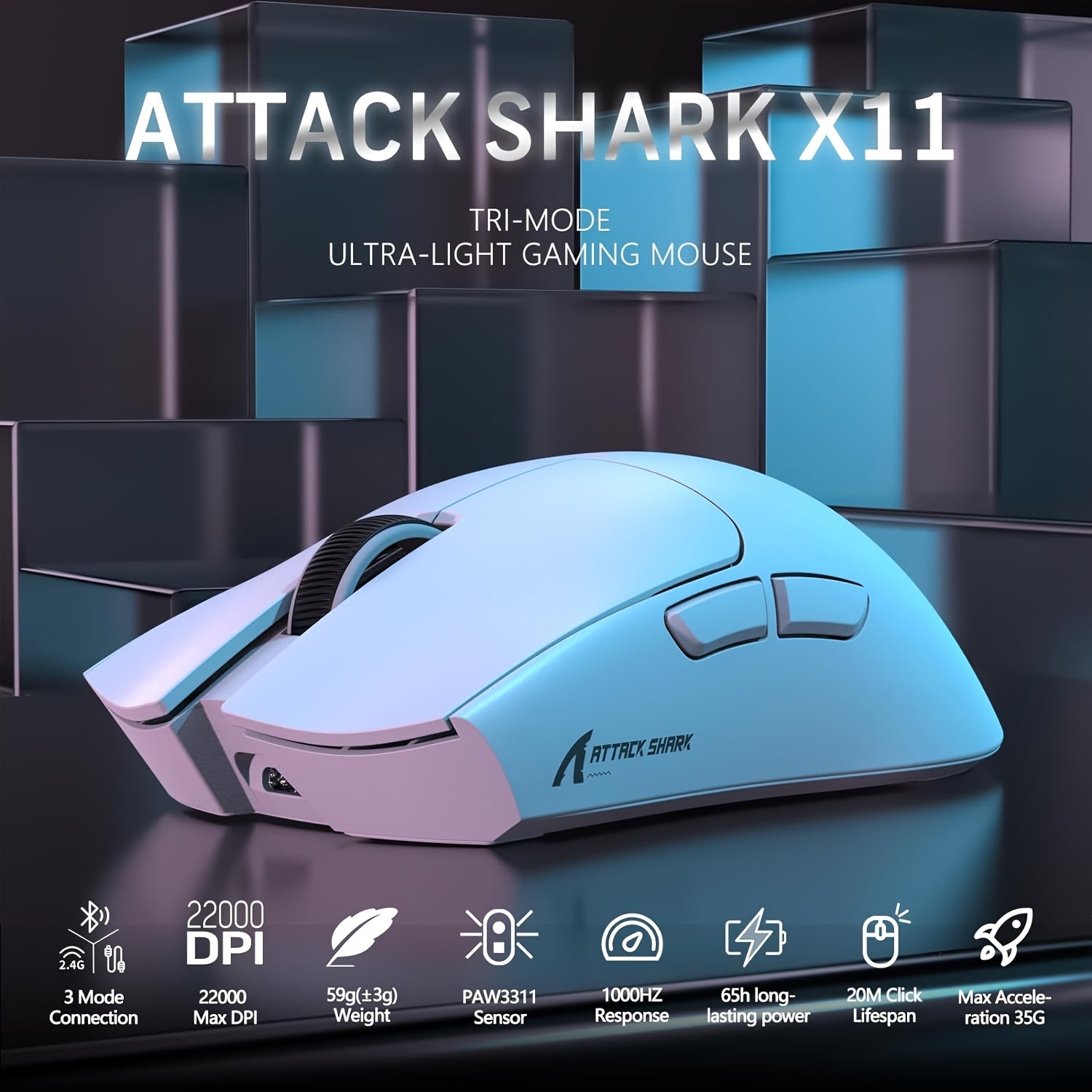 Lightweight Wireless Gaming Mouse X11 with RGB Charging Base, Tri-mode-2.4G/USB-C Wired/BT, Up to 22K DPI, PAW3311 Optical Sensor, HUYU for Switch, 5 Programmable Buttons, Suitable for PC/Mac White Lootquake LLC