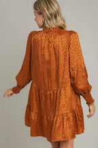 Smocked Leopard Long Sleeve Tiered Dress – Smocked Bodice, Bold Leopard Print, Tiered Design, Frill Details, Chic Dress for Casual and Semi-Formal Occasions