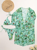 Bikini European Style Floral Print 3 Piece Swimsuit Set for Women – Sexy V Neck Bikini with Cross Strap Detail and Matching Long Sleeve Cover-Up – High Stretch Trendy Swimwear for Summer Beach Vacations Resort Looks and Poolside Fashion