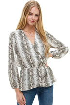 Snake V neck Button Front Peplum Long Sleeve Blouse Top | Femstylo - SJB-DIAMOND ELITES