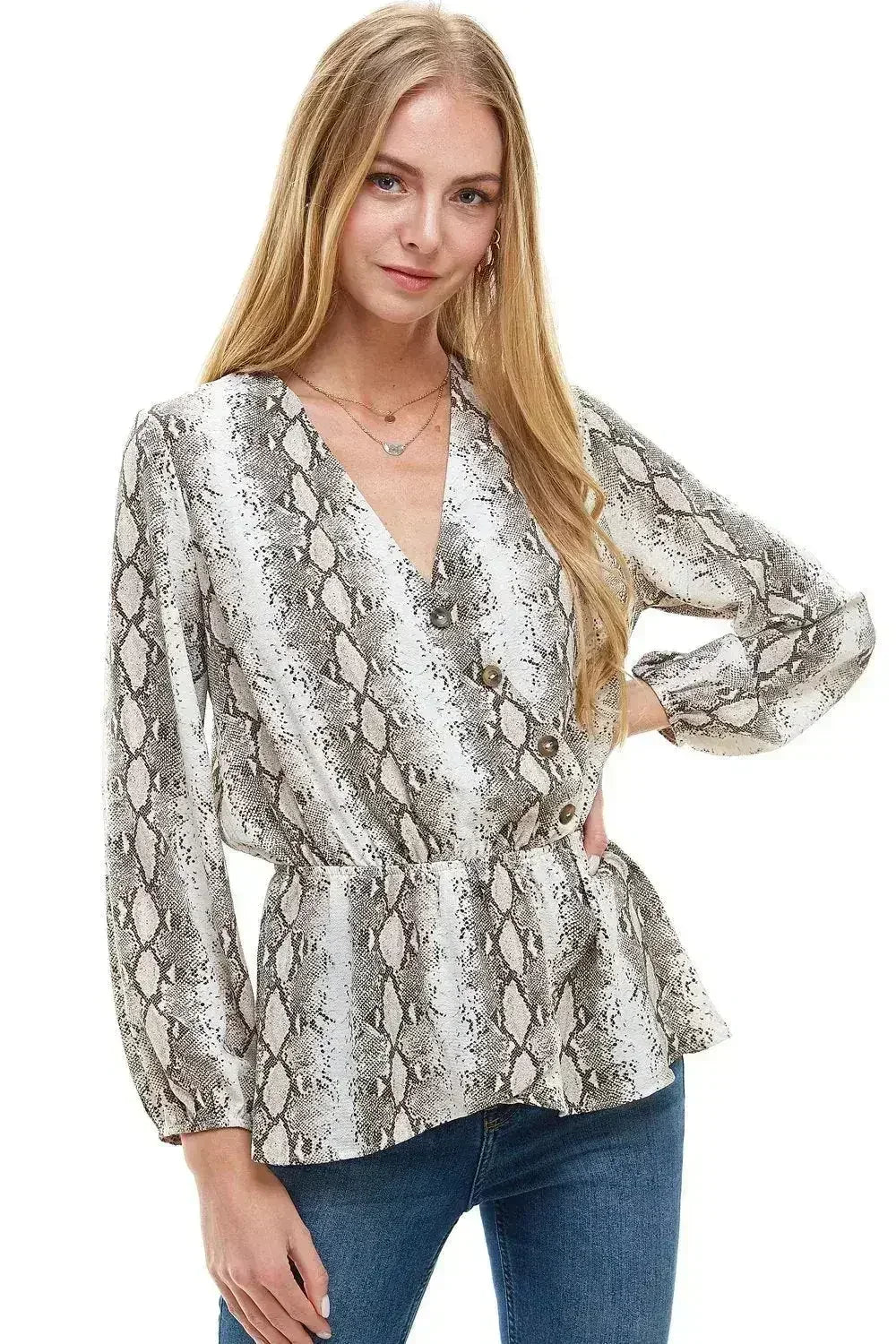 Snake V neck Button Front Peplum Long Sleeve Blouse Top | Femstylo - SJB-DIAMOND ELITES