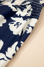Blue Floral Smocked Frill Waist Wide Leg Pants