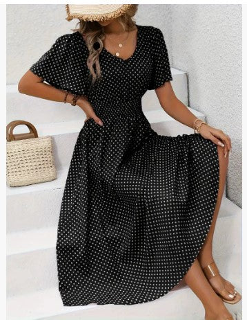 Summer Women Ruffled Short-sleeved Chiffon Dress V-neck High Waist Floral Print Beach Midi Dresses For Women Stevvex