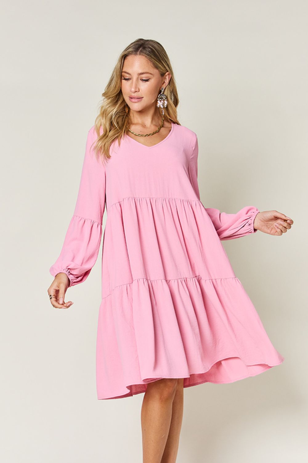 Light Green Double Take Full Size V-Neck Sleeve Tiered Dress with Pockets Elegant & Comfortable Casual Dress Stevvex