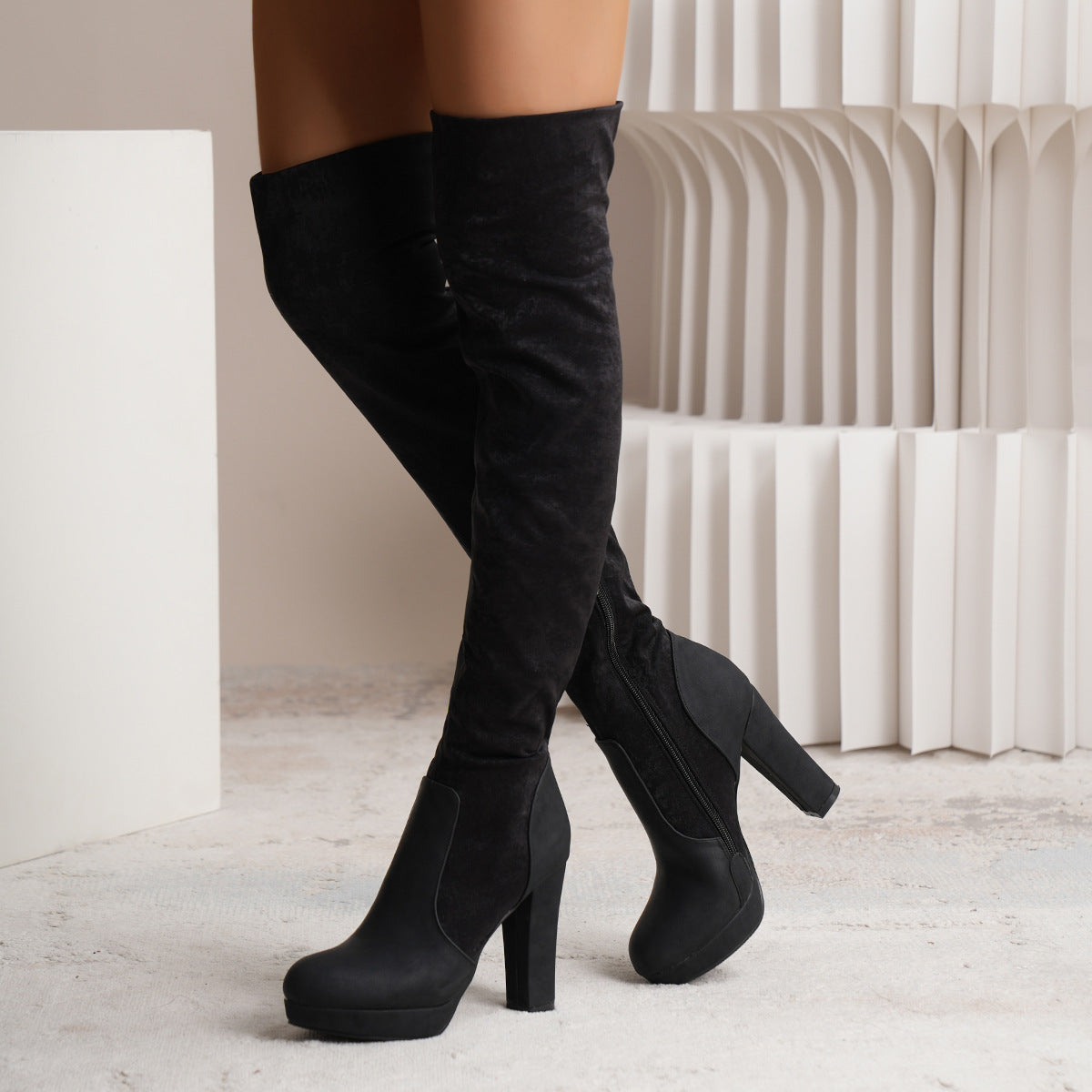 New Long Boots For Women Elastic Suede High Square Heel Over-the-knee Boots Fashion Party Shoes Winter Pi-Mart
