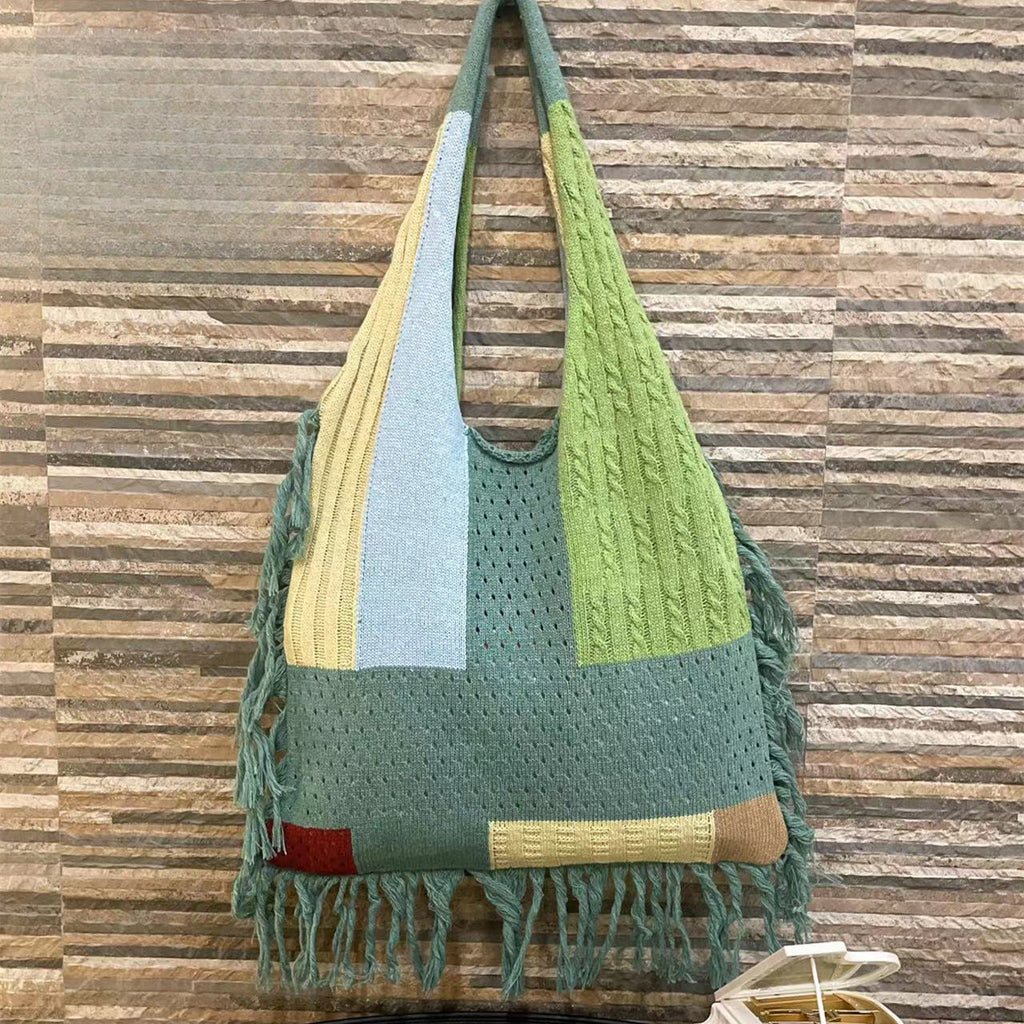 Tassel bag women, splicing knitted shoulder bag, simple and versatile retro knitted bag hobo - SJB-DIAMOND ELITES