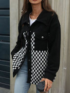 Black Checkered Snap Down Long Sleeve Jacket Stylish & Functional Buttoned Outerwear Stevvex
