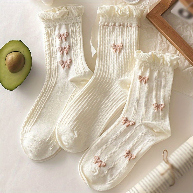 9 Pairs Floral & Bow Print Socks, Sweet & Cute Ruffle Socks, Women's Stockings & Hosiery Lootquake LLC