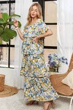 Layered Floral Off-Shoulder Short Sleeve Maxi Summer Dress For Women – Elegant and Feminine Floral Off-Shoulder Maxi Dress with Ruffled Layers for a Romantic Look