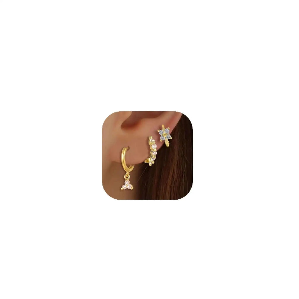 Brass Real Gold Plating Inlaid Zircon Geometric Flower Three-piece Set