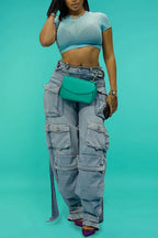 Plus Size Daily Light Blue Spring Summer Pocket Cargo Denim Jeans High Street Harajuku High Waist Casual Loose Denim Trousers Purplish Diva